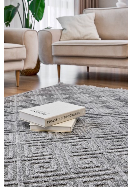 Gri Geometrik Etnik Modern Desenli Hav Vermeyen Leke Tutmayan Kolay Temizlenen Yumuşak Makine Salon Yolluk Mutfak Halı fırsatları