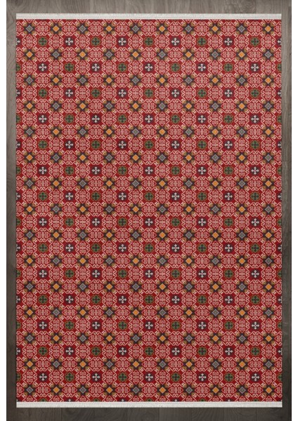 Geometrik Kırmızı Pamuk Dikdörtgen Modern Desenli Pamuk Makinada Yıkanabilir Hav Toz Vermez Leke Tutmayan Kaymaz Taban Dijital Makine Baskı Salon Yolluk Mutfak Halı