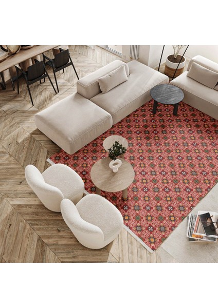 Geometrik Kırmızı Pamuk Dikdörtgen Modern Desenli Pamuk Makinada Yıkanabilir Hav Toz Vermez Leke Tutmayan Kaymaz Taban Dijital Makine Baskı Salon Yolluk Mutfak Halı fiyatları