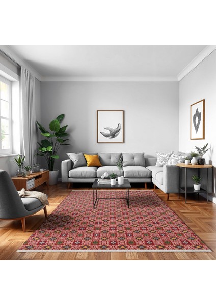 Geometrik Kırmızı Pamuk Dikdörtgen Modern Desenli Pamuk Makinada Yıkanabilir Hav Toz Vermez Leke Tutmayan Kaymaz Taban Dijital Makine Baskı Salon Yolluk Mutfak Halı modelleri