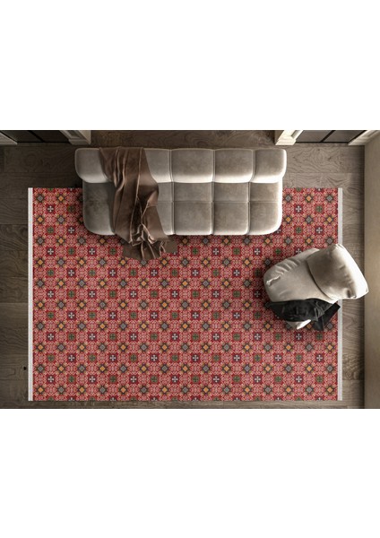 Geometrik Kırmızı Pamuk Dikdörtgen Modern Desenli Pamuk Makinada Yıkanabilir Hav Toz Vermez Leke Tutmayan Kaymaz Taban Dijital Makine Baskı Salon Yolluk Mutfak Halı fırsatları