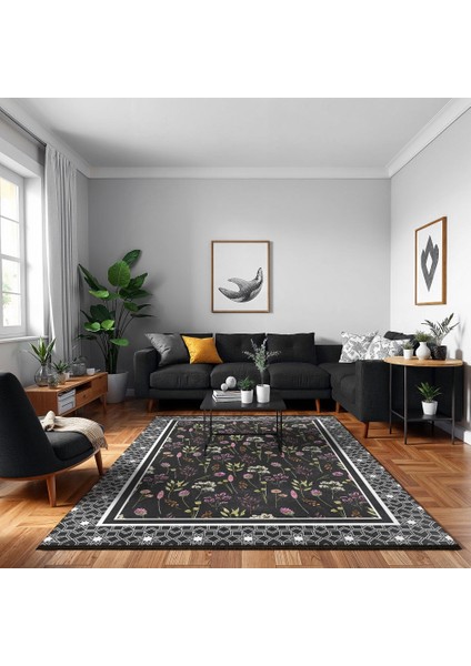 Çerçeveli Siyah Pamuk Daire Modern Desenli Pamuk Makinada Yıkanabilir Hav Toz Vermez Leke Tutmayan Kaymaz Taban Dijital Makine Baskı Salon Yolluk Mutfak Halı fırsatları
