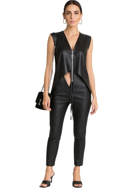 Zeyna Fermuar Detay Çok Yönlü Kullanım Suni Deri Trend Bluz