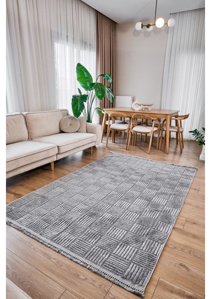 Gri Geometrik Etnik Modern Desenli Hav Vermeyen Leke Tutmayan Kolay Temizlenen Yumuşak Makine Salon Yolluk Mutfak Halı