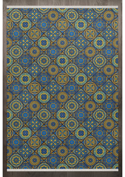 Geometrik Mavi Pamuk Dikdörtgen Modern Desenli Pamuk Makinada Yıkanabilir Hav Toz Vermez Leke Tutmayan Kaymaz Taban Dijital Makine Baskı Salon Yolluk Mutfak Halı