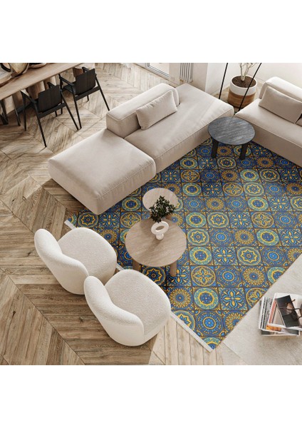 Geometrik Mavi Pamuk Dikdörtgen Modern Desenli Pamuk Makinada Yıkanabilir Hav Toz Vermez Leke Tutmayan Kaymaz Taban Dijital Makine Baskı Salon Yolluk Mutfak Halı fiyatları