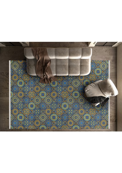 Geometrik Mavi Pamuk Dikdörtgen Modern Desenli Pamuk Makinada Yıkanabilir Hav Toz Vermez Leke Tutmayan Kaymaz Taban Dijital Makine Baskı Salon Yolluk Mutfak Halı fırsatları