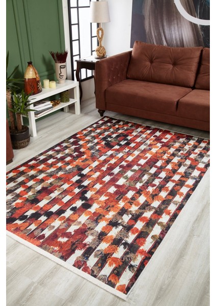 Indore Turuncu Modern Etnik Desenli Makinada Yıkanabilir Hav Toz Vermez Leke Tutmayan Kaymaz Taban Dijital Makine Baskı Salon Yolluk Mutfak Halı fiyatları