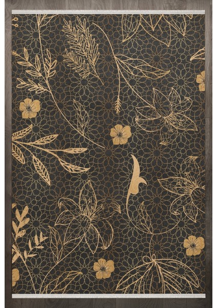 Çiçekli Gold Pamuk Dikdörtgen Modern Desenli Pamuk Makinada Yıkanabilir Hav Toz Vermez Leke Tutmayan Kaymaz Taban Dijital Makine Baskı Salon Yolluk Mutfak Halı