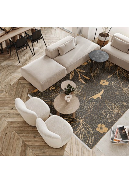 Çiçekli Gold Pamuk Dikdörtgen Modern Desenli Pamuk Makinada Yıkanabilir Hav Toz Vermez Leke Tutmayan Kaymaz Taban Dijital Makine Baskı Salon Yolluk Mutfak Halı modelleri