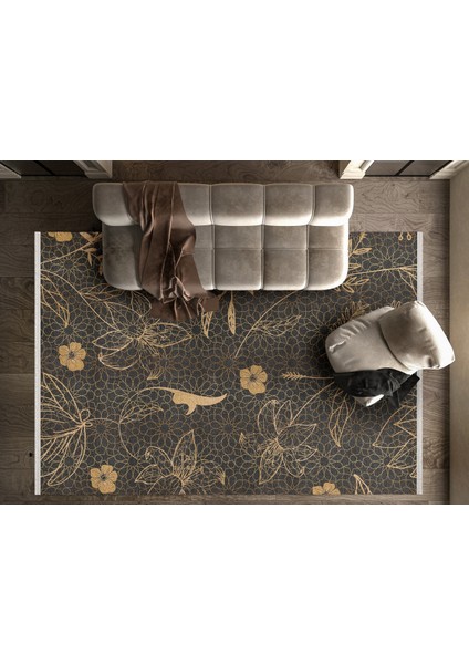 Çiçekli Gold Pamuk Dikdörtgen Modern Desenli Pamuk Makinada Yıkanabilir Hav Toz Vermez Leke Tutmayan Kaymaz Taban Dijital Makine Baskı Salon Yolluk Mutfak Halı fırsatları
