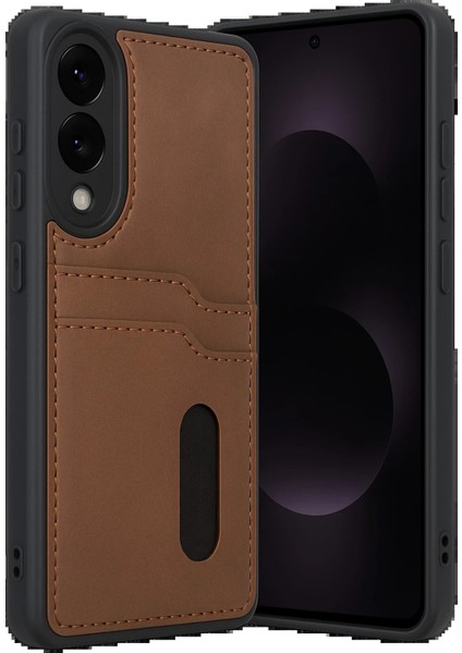 Samsung Galaxy S25 Edge Sara Kartvizitli Deri Kılıf - Taba - BRNTEK1722-5494