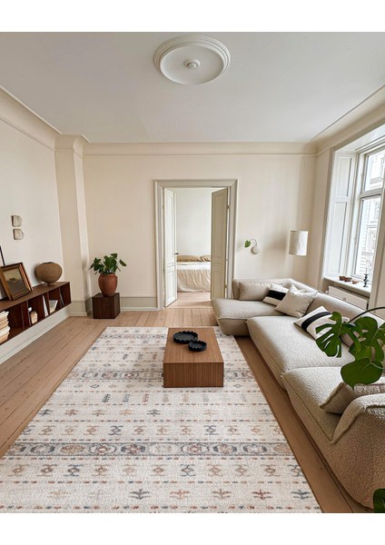 Krem Figürlü Etnik Modern Desenli Pamuk Makinada Yıkanabilir Hav Toz Vermez Leke Tutmayan Kaymaz Taban Dijital Makine Baskı Salon Yolluk Mutfak Halı indirimleri