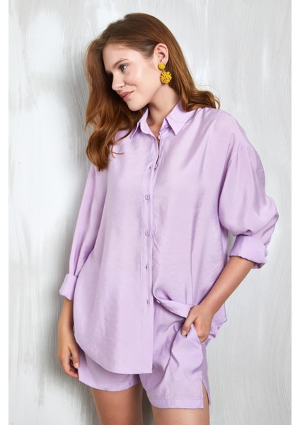 Lila Modal Kumaş Oversize Gömlek/şort Alt-Üst Takım 27376 fiyatları