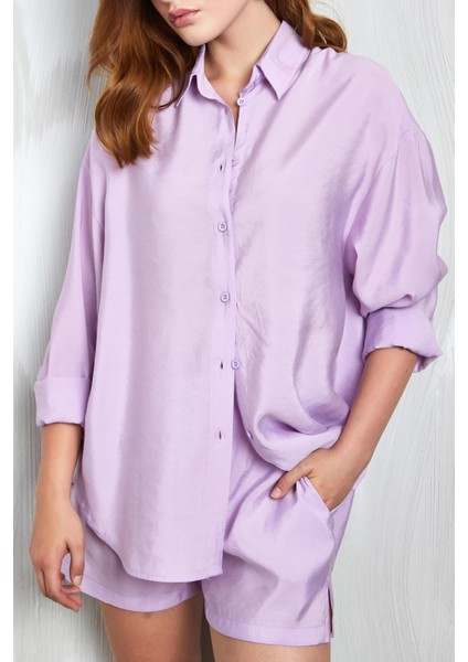 Lila Modal Kumaş Oversize Gömlek/şort Alt-Üst Takım 27376 fırsatları