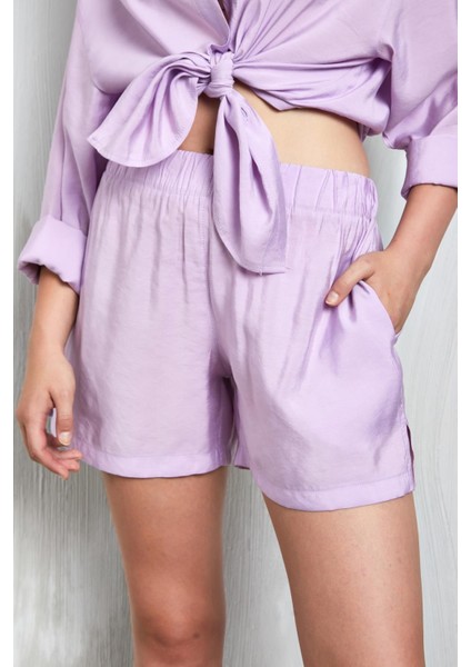 Lila Modal Kumaş Oversize Gömlek/şort Alt-Üst Takım 27376
