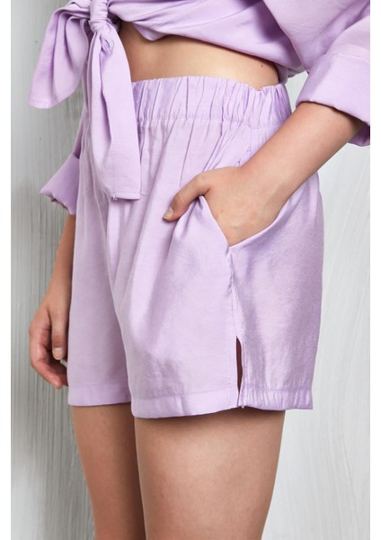 Lila Modal Kumaş Oversize Gömlek/şort Alt-Üst Takım 27376