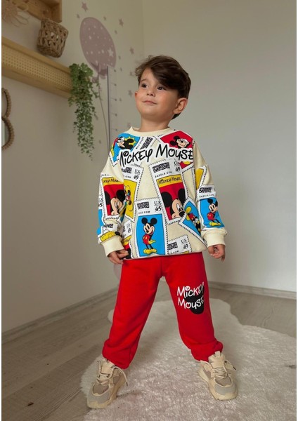 Erkek Çocuk Mickey Baskılı Beli Lastikli ve Bağcıklı Mevsimlik Pamuklu Kumaş Kırmızı Eşofman Takımı