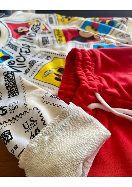 Erkek Çocuk Mickey Baskılı Beli Lastikli ve Bağcıklı Mevsimlik Pamuklu Kumaş Kırmızı Eşofman Takımı fırsatları