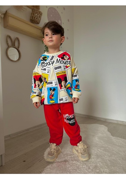 Erkek Çocuk Mickey Baskılı Beli Lastikli ve Bağcıklı Mevsimlik Pamuklu Kumaş Kırmızı Eşofman Takımı indirimleri