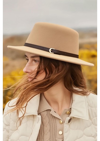 Deri Şeritli Camel Yuvarlak Boater Şapka