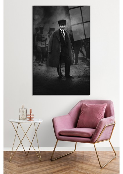 Bastonlu Paltolu Siyah Beyaz Atatürk Cam Tablo, Darbelere Dayanıklı Kırılmaz Cam, Hediyelik fiyatları