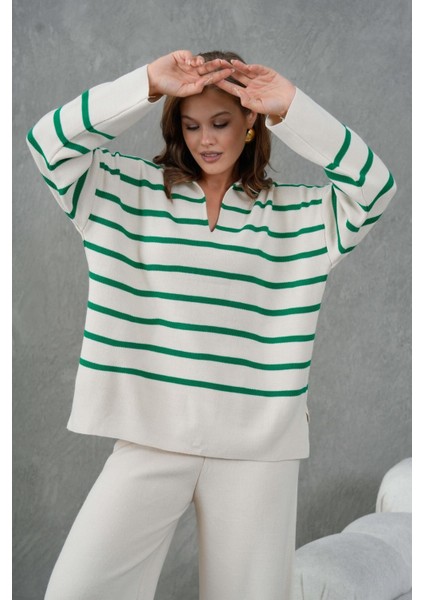Kadın Benetton Yeşili Üstü Çizgili V Yakalı Alt-Üst Triko Takım 26051