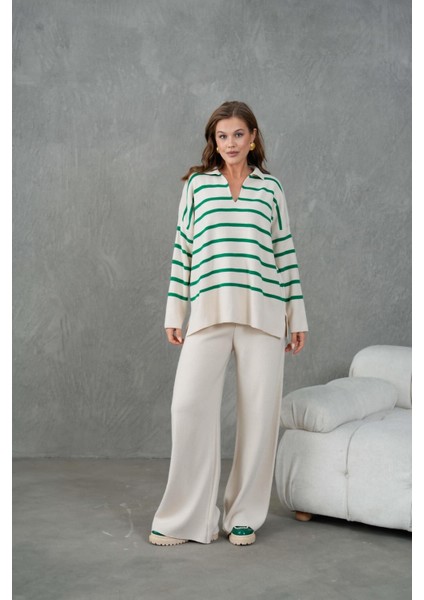 Kadın Benetton Yeşili Üstü Çizgili V Yakalı Alt-Üst Triko Takım 26051 fiyatları