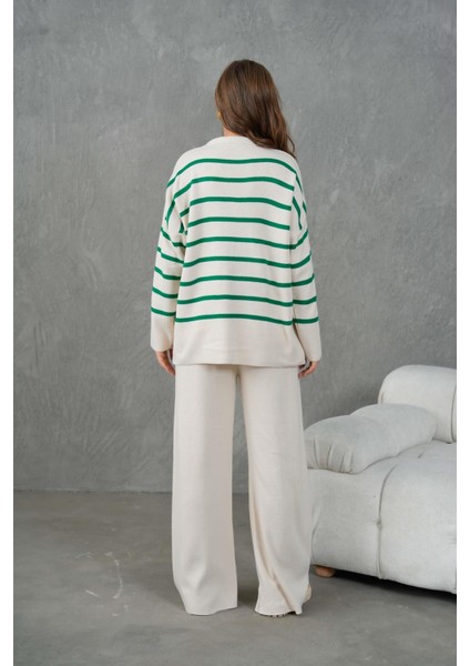 Kadın Benetton Yeşili Üstü Çizgili V Yakalı Alt-Üst Triko Takım 26051 modelleri