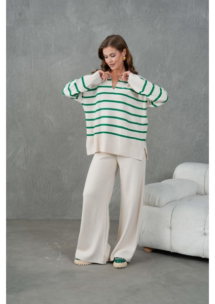 Kadın Benetton Yeşili Üstü Çizgili V Yakalı Alt-Üst Triko Takım 26051 fırsatları