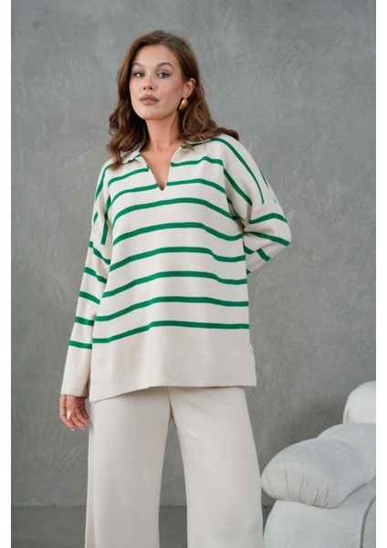 Kadın Benetton Yeşili Üstü Çizgili V Yakalı Alt-Üst Triko Takım 26051 indirimleri