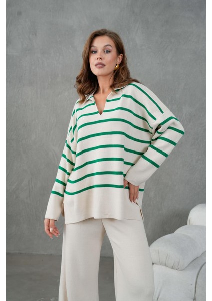 Kadın Benetton Yeşili Üstü Çizgili V Yakalı Alt-Üst Triko Takım 26051