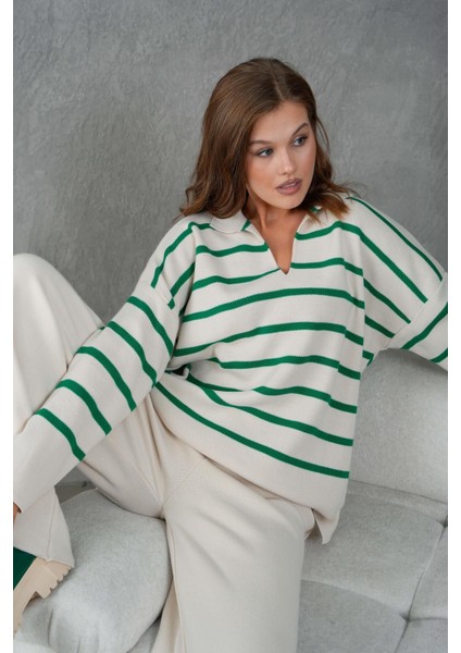 Kadın Benetton Yeşili Üstü Çizgili V Yakalı Alt-Üst Triko Takım 26051