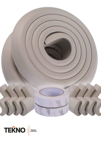 Kauçuk Krem Renk 2 Metre Kenar ve 4 Adet Köşe Koruyucu Set -Bebek Çocuk Masa Koruma Seti