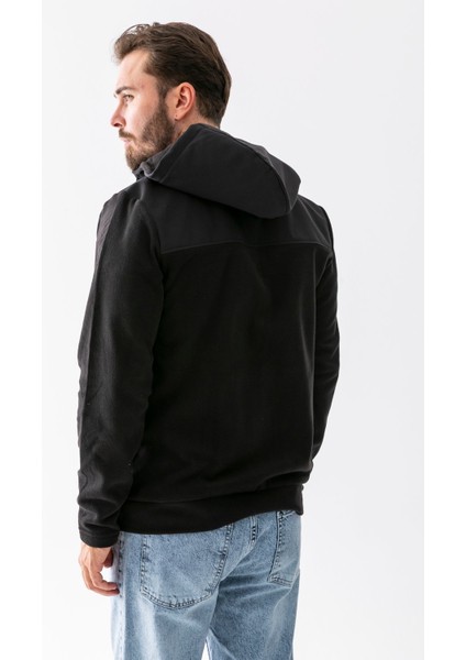 Erkek Kapüşonlu Fermuarlı Çift Cepli Polar Siyah - 25K 6044