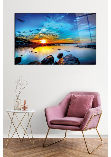 Gün Batımı, Deniz, Kaya, Doğa Manzarası Cam Tablo, Darbelere Dayanıklı Kırılmaz Cam, Hediyelik fiyatları