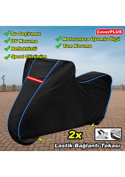Rks Azure 50 Pro Branda Siyah Mavi-Dikişli Reflektörlü Motosiket Brandası Motor Örtüsü Çadır Su Geçirmez Motosiklet Kılıfı Motor Brandası