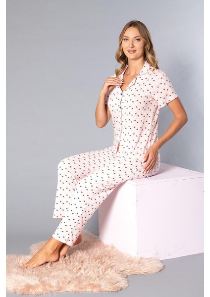 Boydan Düğmeli Kısa Kollu Gömlek Pijama Takımı - Yazlık Kalp Desenli Yumuşak Milan Kumaş - Poppy 58-08