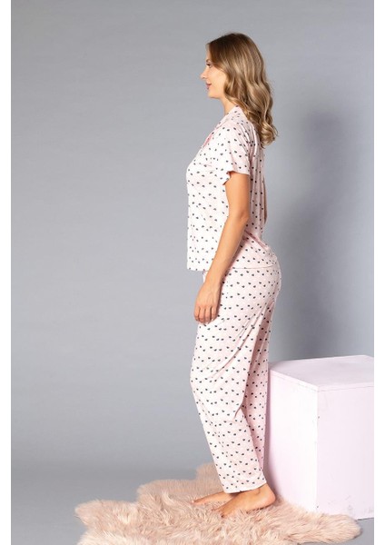 Boydan Düğmeli Kısa Kollu Gömlek Pijama Takımı - Yazlık Kalp Desenli Yumuşak Milan Kumaş - Poppy 58-08 fırsatları