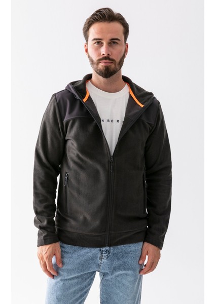 Erkek Kapüşonlu Fermuarlı Çift Cepli Polar Antrasit - 25K 6044