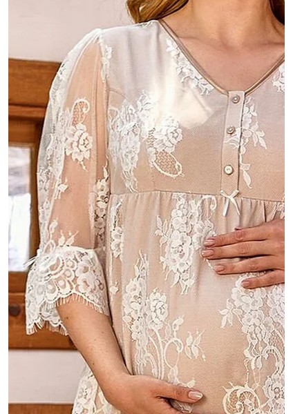 24172 Kadın Truvakar Kollu Dantel Kaplı Lohusa Pijama Takım-Vizon fiyatları