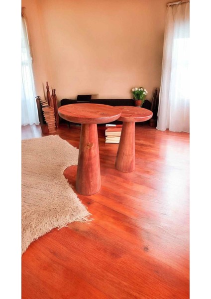 Şık Tasarımlı Masif Ahşap Yan Sehpa – 2’li Maun Renk Zigon ve Fiskos Sehpa