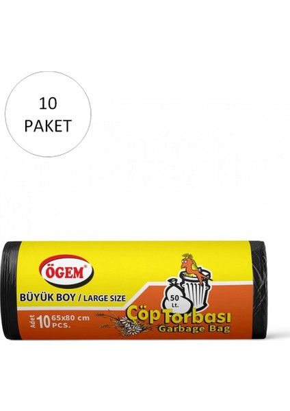 Büyük Boy Çöp Torbası 65 x 80 cm 10 Lu Rulo x 10 Paket = 100 Adet (Siyah)