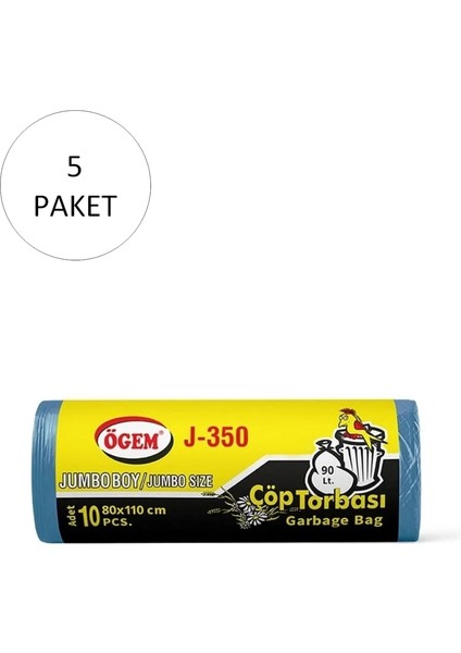 J-350 Jumbo Boy Çöp Torbası 80 x 110 cm 10 Lu Rulo x 5 Paket = 50 Adet (Mavi)