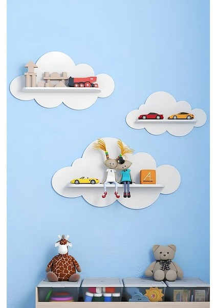 Beyaz Dekoratif 3'lü Bulut Çocuk Odası Duvar Rafı Duvar Dekorasyonu Ürünü