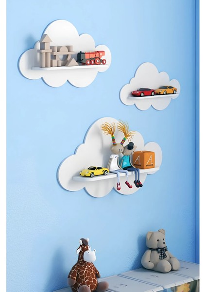 Beyaz Dekoratif 3'lü Bulut Çocuk Odası Duvar Rafı Duvar Dekorasyonu Ürünü modelleri