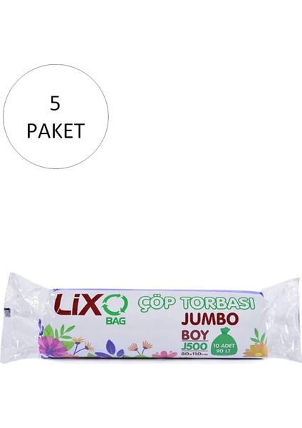 J-500 Jumbo Boy Çöp Torbası 80 x 110 cm 10 Lu Rulo x 5 Paket = 50 Adet (Siyah)