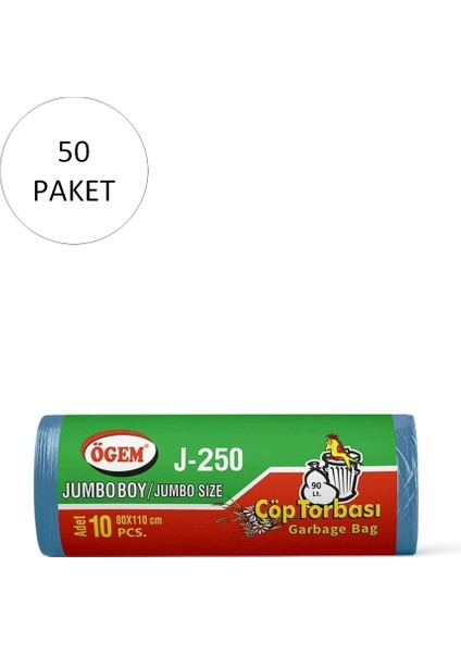 J-250 Jumbo Boy Çöp Torbası 80 x 110 cm 10 Lu Rulo x 50 Paket = 500 Adet (Mavi)