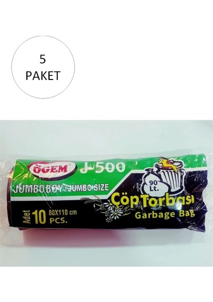 J-500 Jumbo Boy Çöp Torbası 80 x 110 cm 10 Lu Rulo x 5 Paket = 50 Adet (Siyah)