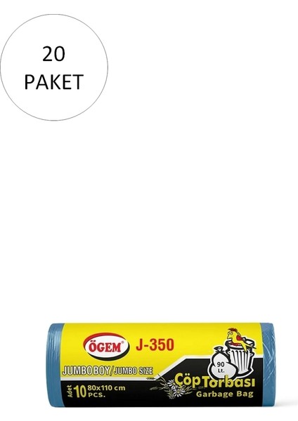 J-350 Jumbo Boy Çöp Torbası 80 x 110 cm 10 Lu Rulo x 20 Paket = 200 Adet (Mavi)